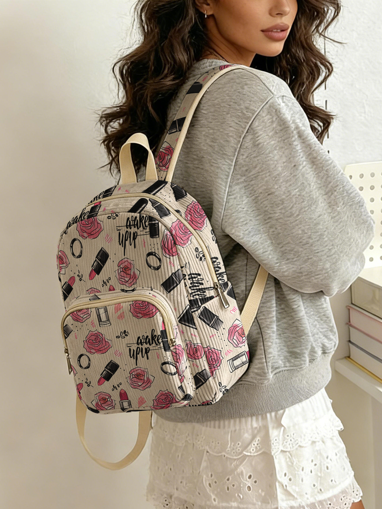 Fashion Backpack Women - Rose Lipstick Print Allover Women Fashion