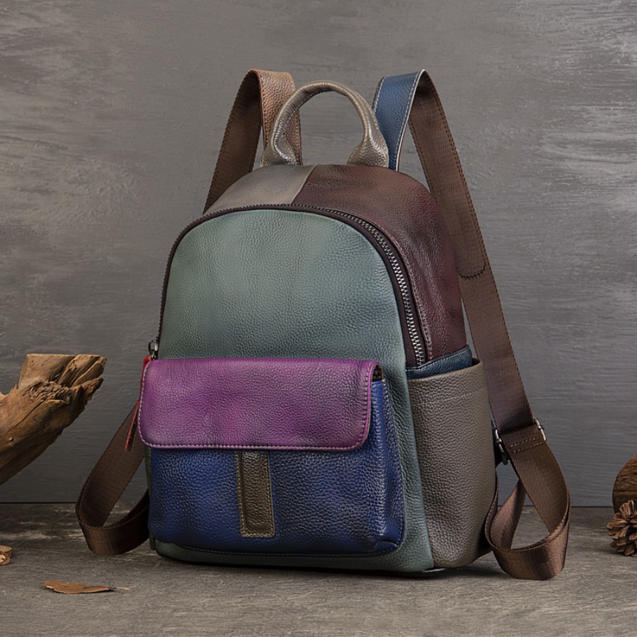 Leather Backpack Vintage - 【New Arrival】 Vintage Color Block Leather