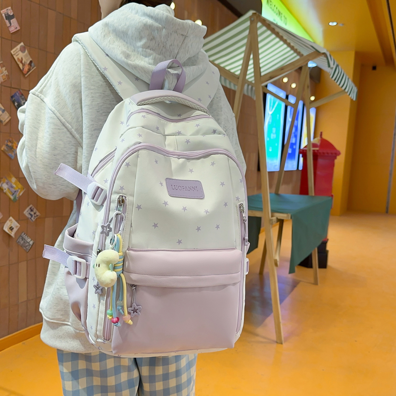 Women's Cream White & Yellow C - Canvas Backpack Casual recension och pris