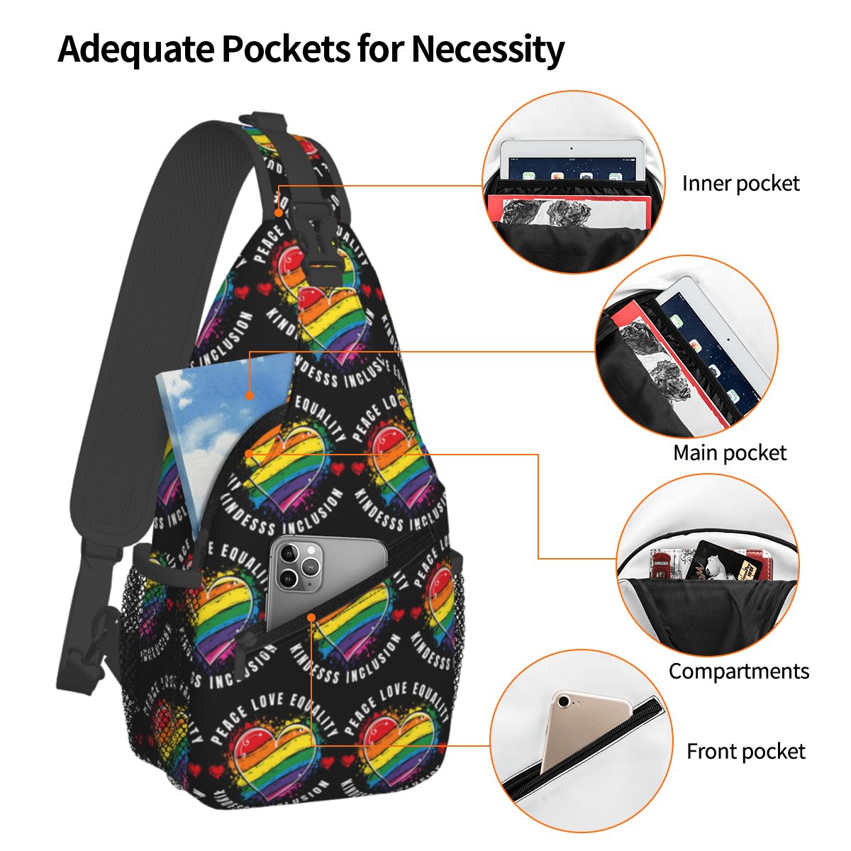 Inclusive Rainbow Printed LGBT - Sling Backpack Shoulder recension och pris